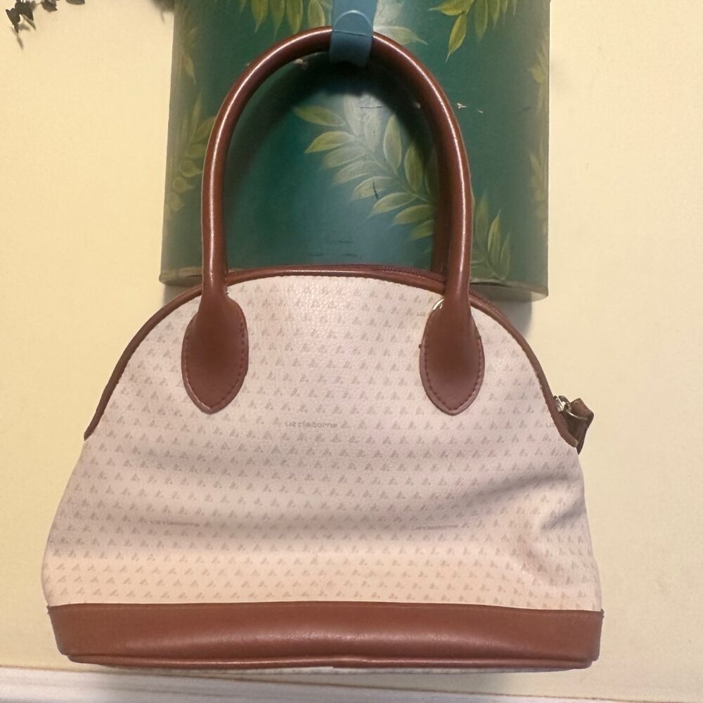 Liz Claiborne Vintage 90s Handbag Cream Brown Leather logo print rare - Picture 2 of 5